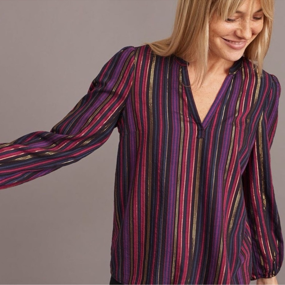 MARINE LAYER Jamie Banded Collar Top Lurex Multi Stripe Gold Size S EC